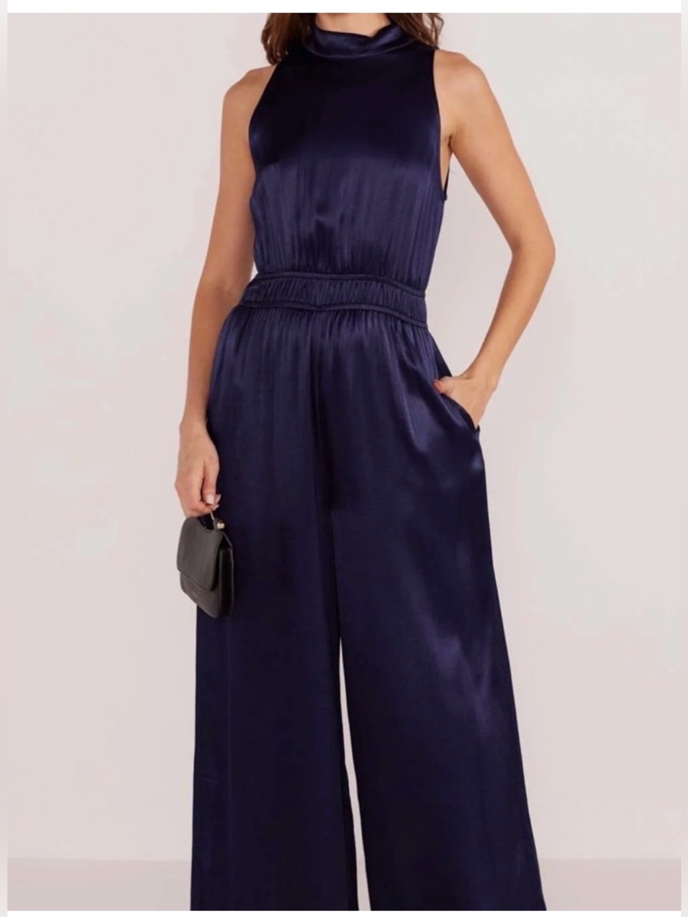 MINKPINK Navy Satin High-Neck Wide-Leg Jumpsuit